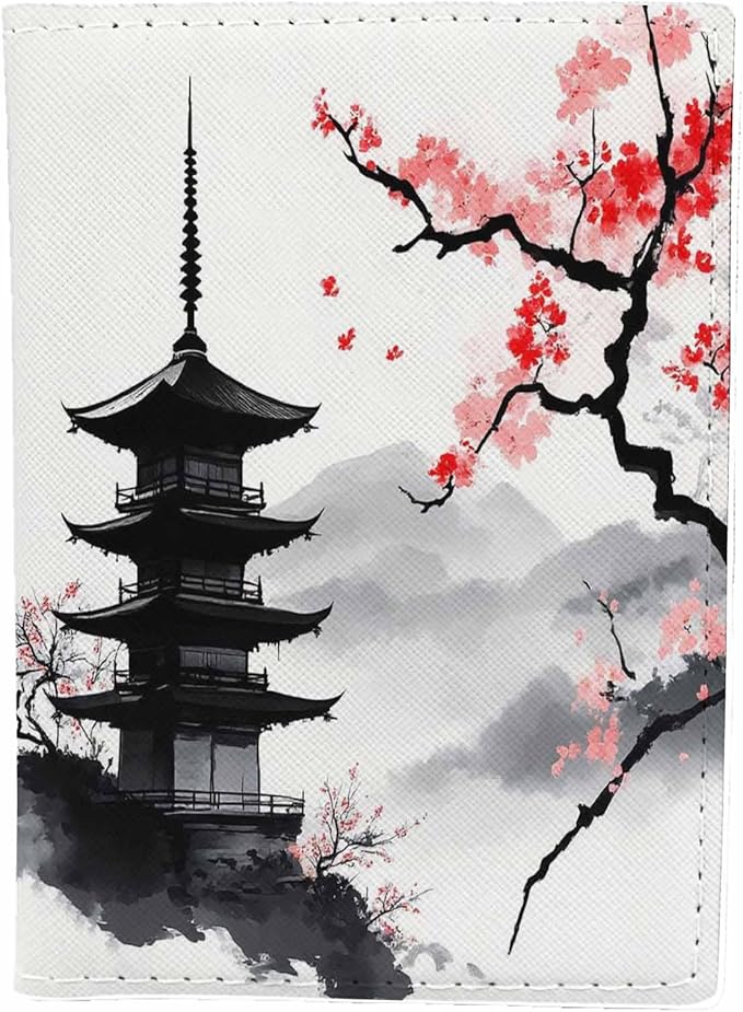 Sakura Branch Passport Holder for Travel Pagoda Traditional Oriental Style PU Leather Passport Cover Wallet Cute Passport Card Holder for Women and Men
