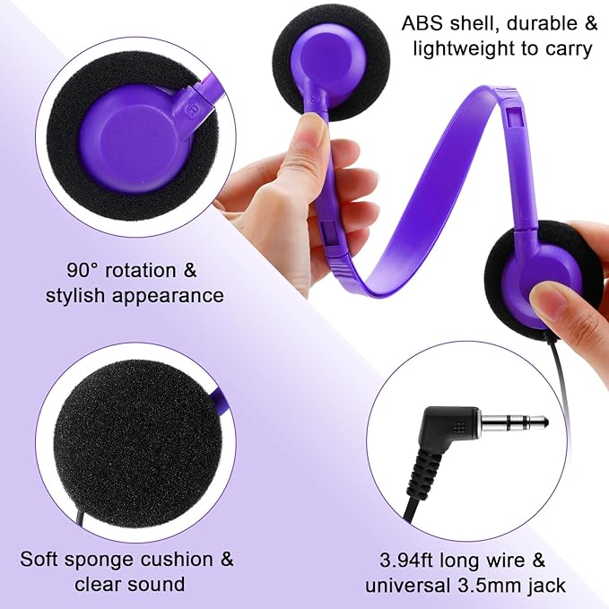 Yunsailing 30 Pack Bulk Headphones Set Over Ear Headphones with Adjustable Headband 3.5mm Plug Headsets Earphones for Learning Program, Computer Lab, Library, Testing & Multimedia Use (Purple)