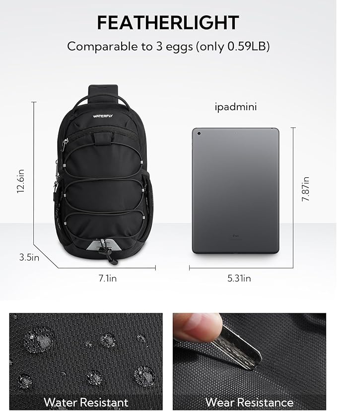 WATERFLY Small Crossbody Sling Bag: RFID Blocking Anti Theft Sling Backpack Chest Bag Travel Hiking Daypack Man Woman