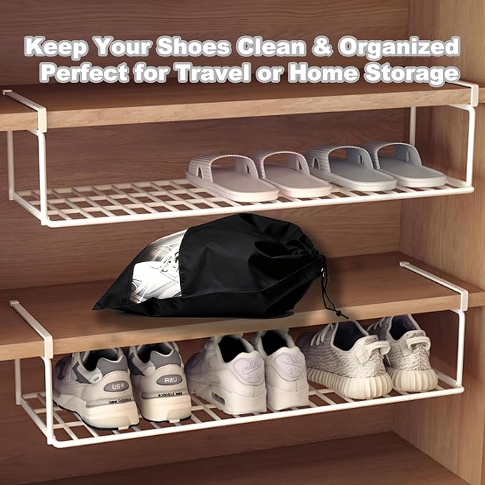 20 Pack Shoe Bags for Travel, 17" x 12.6" Drawstring Shoe Organizers with Clear Window, Breathable Non-Woven Dustproof Pouches for Luggage & Closet (Black)