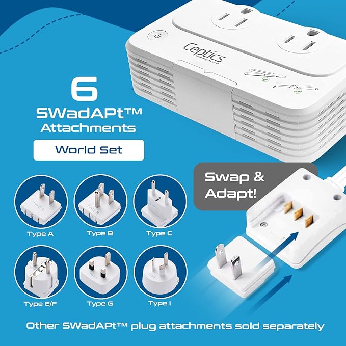 Ceptics Travel Voltage Converter -200W Convert 220V to 110V for Curling Iron, Straightener, Charger Step Down World Power Plug - 4 USB PD 18W Fast Charging - SWadApt - Type A, B, C, E/F, G, I Include