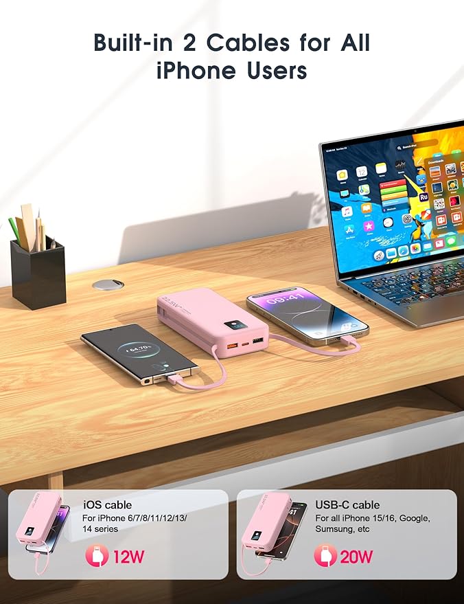 Portable Charger, 20000mAh 22.5W Fast Charging Power Bank with Built-in Cables & Wall Plug, Travel Essential Battery Pack with LED Display, USB C Battery Phone Charger for iPhone, iPad, Samsung Pink