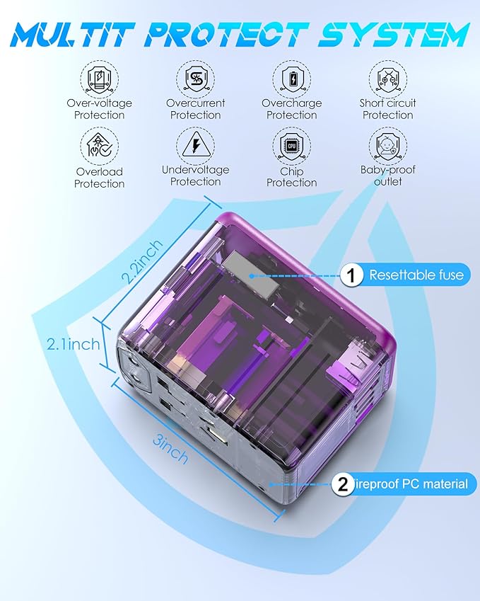 Universal Travel Adapter Offers 6.0A 3X 3.0A USB-C Ports, 2X 2.4A USB-A Ports and Multi AC Outlet, All-in-One International Power Plug Adapter Worldwide Travel Charger for EU USA UK AUS (Purple)