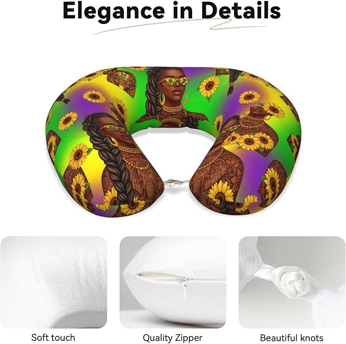 Memory Foam Neck Pillow African American Black Woman Girl Painting Sunflower, Travel U Shaped Airplane/Car/Flight Pillows with Removable Zipper Cover, Chin Head Neck Support Cushion