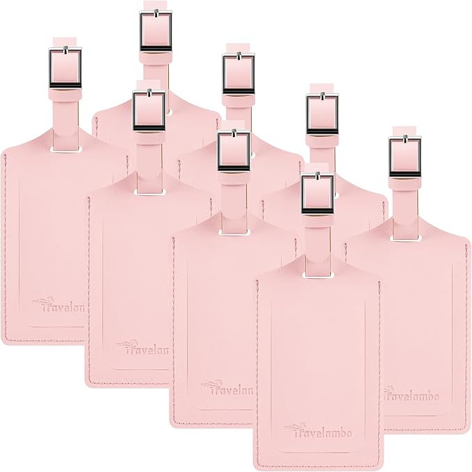 Travelambo Luggage Tags for Suitcases Faux Leather Privacy Protection 2 Pack Bag Tags Travel Accessories Essential, Light Pink