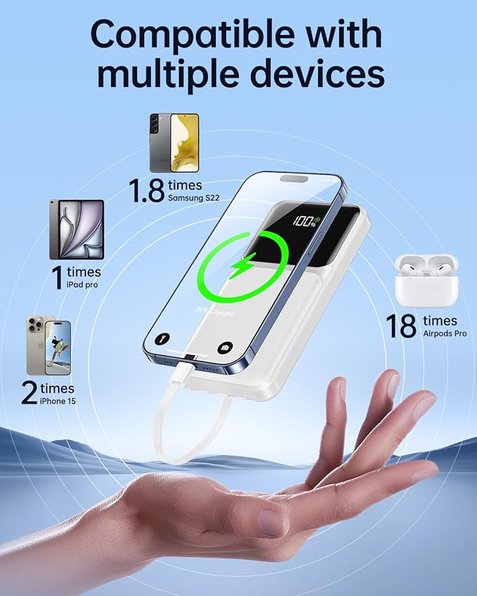 Portable Charger with Built in Cable - Power Bank Fast Charging USB C LED Display 10000mah Battery Pack 5 Outputs & 3 Inputs for Travel Essentials iPhone Samsung Android Phones Tablets White