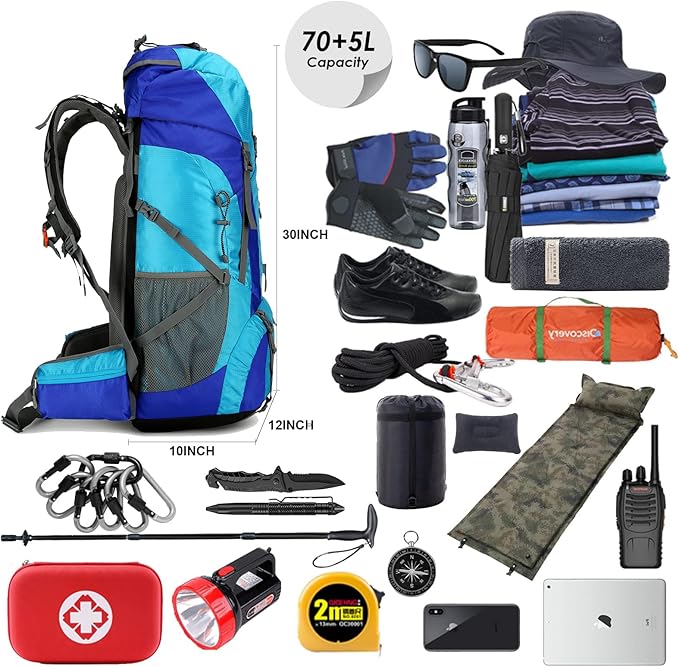 75L Hiking Backpack with Rain Cover Waterproof Camping Backpack Shoes Warehouse for Men Women, Frameless