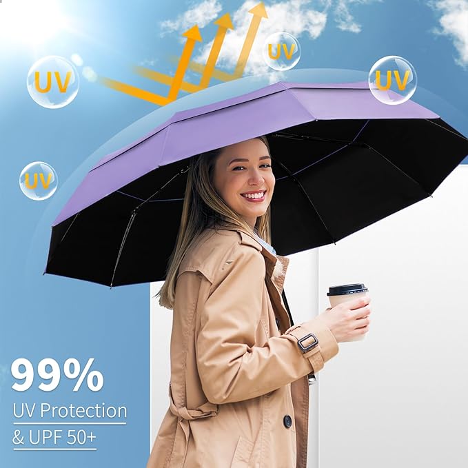 Seniny Travel Umbrella with Carabiner Handle, Windproof Large Umbrellas for Rain with Dual-Rib Structure, Portable Compact Umbrella with Reflective Strip, Car Backpack UV Umbrellas for Sun Protection