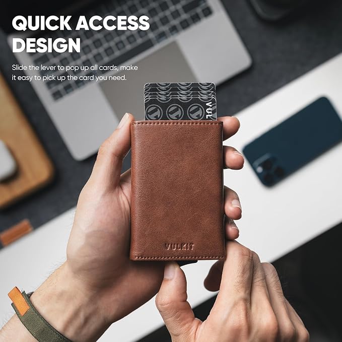 VULKIT Pop up Wallet Minimalist Cash Wallets RFID Blocking Leather Smart Credit Card Holder with Magnetic Closure for Men