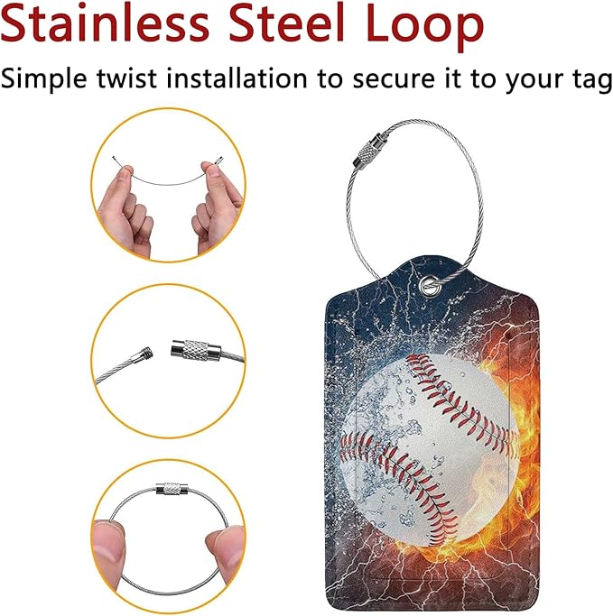 2 Pack Luggage Tags for Suitcase, Privacy Cover ID Label with Stainless Steel and Address Card for Travel Bag Backpack Cruise Ship Essentials Tag Men Boys - Cool Ice Fire Baseball