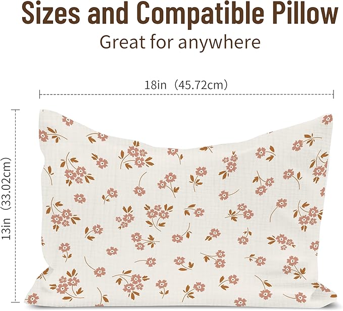 Toddler Pillowcases for 13"x18" Pillow 2 Pack, Muslin Small Toddler Baby Kids Travel Pillow Covers for Boys Girls with Envelope Closure (Flower E & Pink, 13 x 18 Inch)