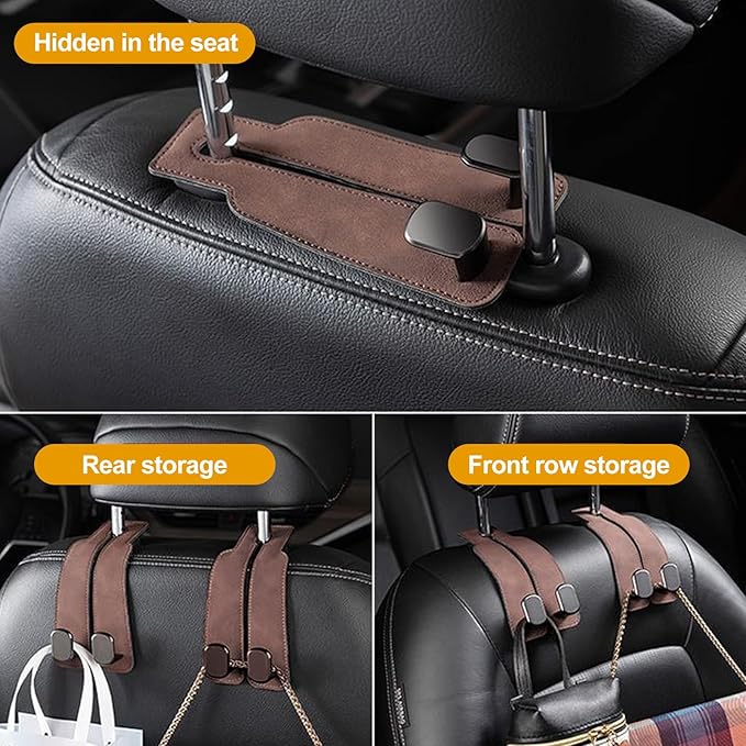 Car Purse Hook Purse Hook for Car Seats Headrest Car Seat Hooks,Heavy Duty Vehicle Organizer for Handbags, Groceries, Purses, Keep Car Tidy (Brown, 4 Pack)