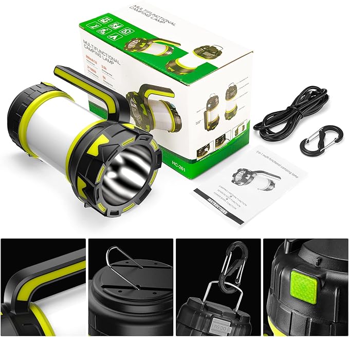 Rechargeable Flashlights Camping Lantern, 6 Modes LED Bright Flashlight 3000mAh Battery, IPX4 Waterproof, Emergency Flashlight Lantern for Outdoor， Hurricane, USB Cable Included-2 Pack