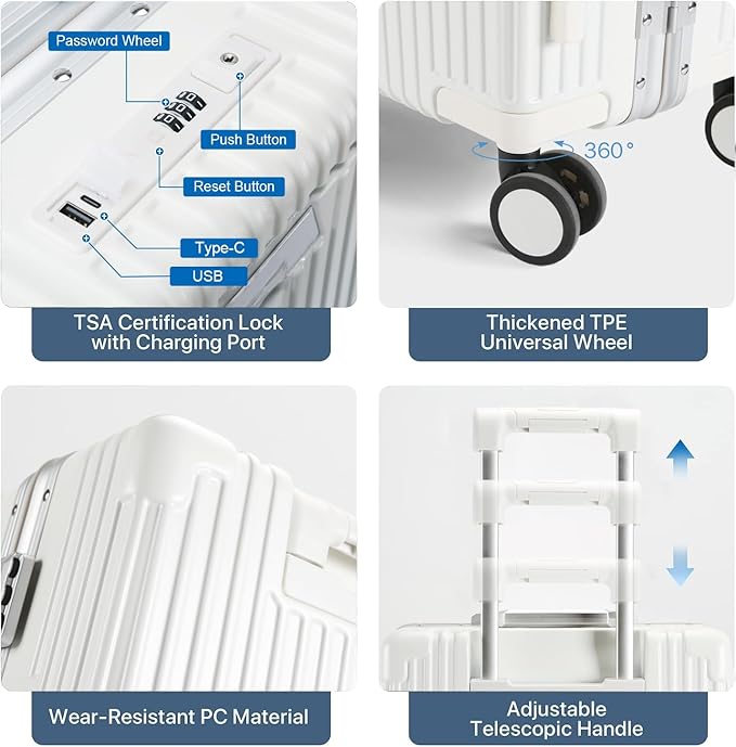 MRPLUM Front Pocket Carry On Luggage,PC Hardside Spinner Wheel Suitcase with TSA Lock,Cup Holder,Phone Holder&USB Charging Port,White(1 Piece)