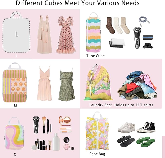 6 Pcs Compression Packing Cubes, Packing Cubes for Travel, Waterproof Luggage Organizer Bags Set, Cute Packaging Cubes for Women Kids Backpack Carry-Ons