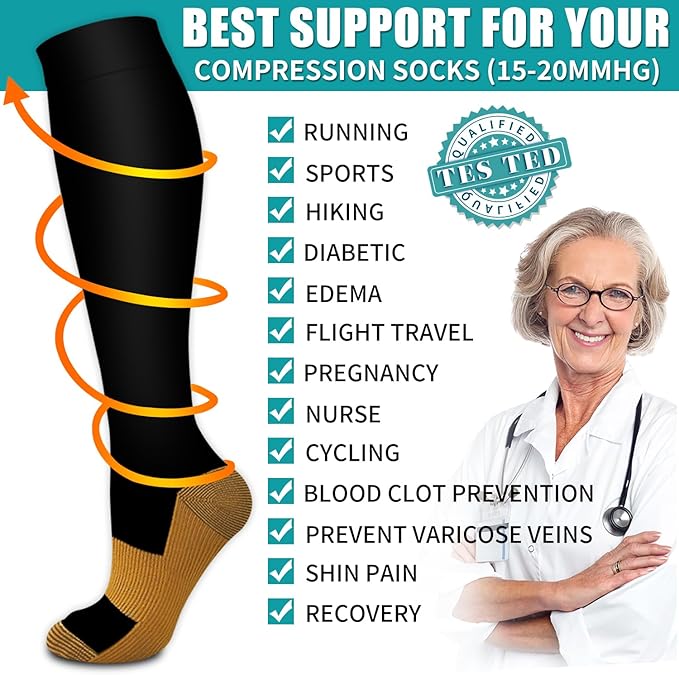 BLUEENJOY Copper Compression Socks for Women & Men (6 pairs) - Best Support for Nurses, Running, Hiking, Recovery