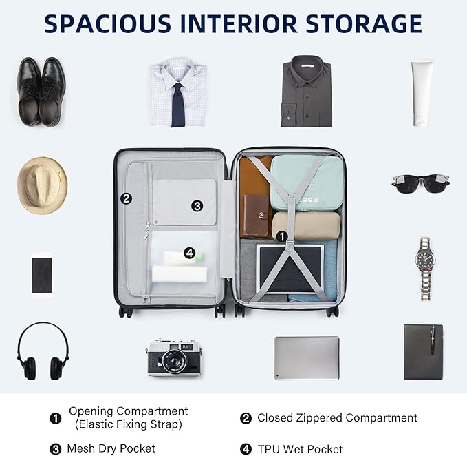 Hard Shell Suitcases Travel Expandable Luggage, 24 Inch Check in Luggage with Spinner Wheels Cup Holder Charger Built in, Checked Medium Suitcase Lightweight Suitcases, White