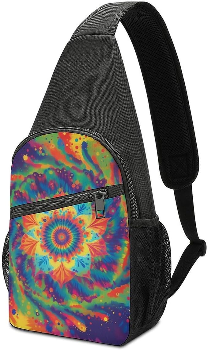 SWEET TANG Chest Bag for Men Women Spiral Psychedelic Tie Dye Rainbow Sling Shoulder Backpack Fashion Daypack, Outdoor Sport Adjustable Zippered Crossbody Bag with Large Capacity