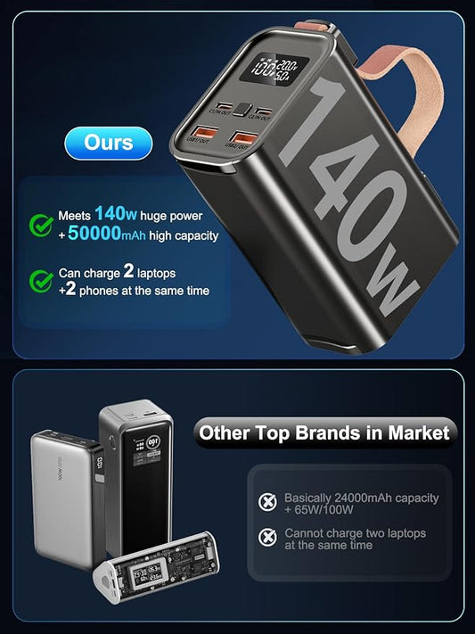 140W Laptop Portable Charger Power Bank 50000mAh(185Wh), Battery Pack PD 3.1 QC4.0 Fast Charging External Battery Pack Aluminium Alloy with 4 Outputs USB-C LED Light for Emergency-Black