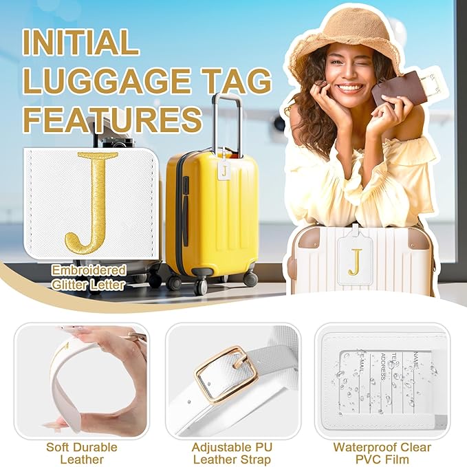 Personalized Initial Luggage Tags for Suitcase TSA Approved, White Leather Cute Luggage Tag with Privacy Cover Name Card, Embroidered Custom Luggage Tags Travel Baggage Tags Gifts for Women Kids(J)