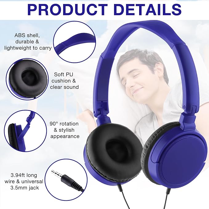 Yunsailing 6 Pack Classroom Headphones Bulk Student Wired Class Headphones Set for School with Individually Wrapped Adjustable Over Ear Head Earbuds (Navy Blue)