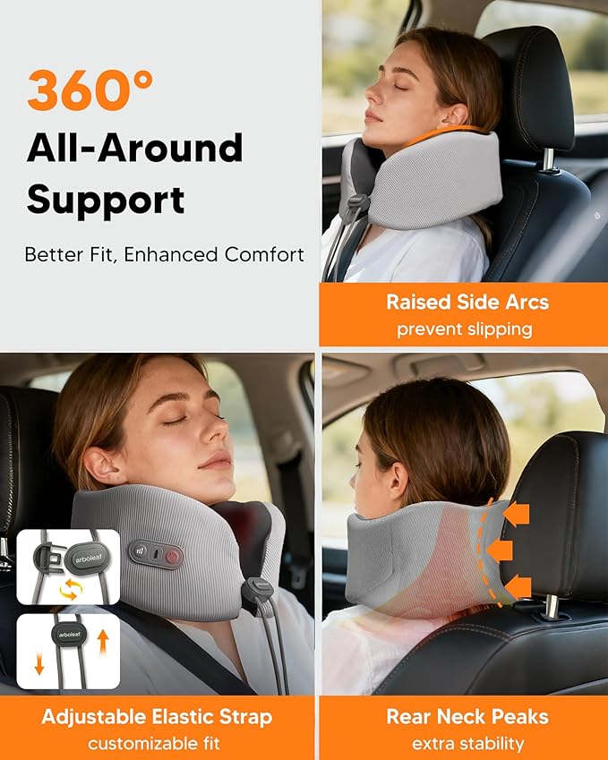 arboleaf Heated Neck Pillow for Travel, Memory Foam Airplane Pillow with Graphene Zoned Heating, USB-C Rechargeable, 360° Support — Comfort & Neck Pain Relief for Long Flights, Car & Office