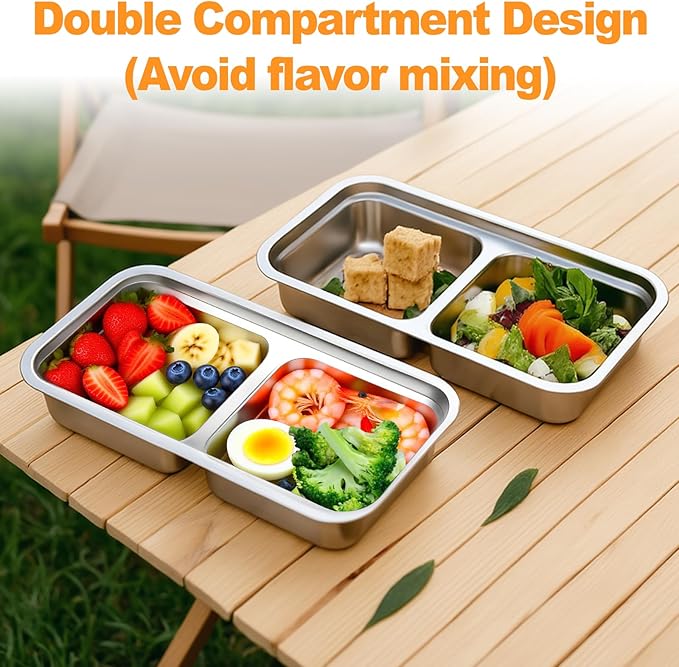 vovoyager Stainless Steel Snack Containers with Lids, Reusable Bento Lunch Container Box, Food Storage, Leak Proof, Dishwasher-Safe, Grab and Go for Work, 4 Pack-Double Compartment