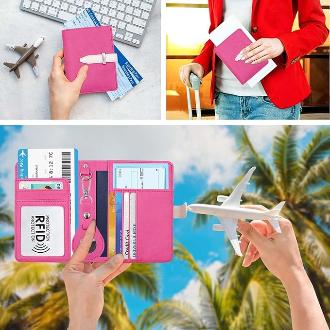 Passport Holder with Airtag for Women/Men,Airtag Passport Wallet for Travel,Cute Passport Holder Rfid Blocking,Travel Wallet for Cards Passport Cover Case (Rose)