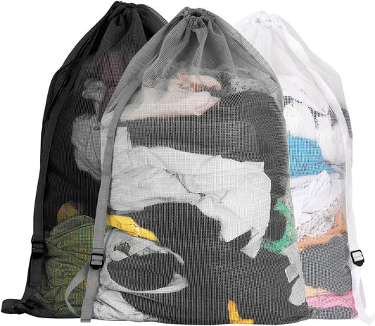 Mesh Laundry Bags with Adjustable Shoulder Strap, 24" x 36" Heavy Duty Nylon, Drawstring Closure, 3-Pack, Mixed Colors