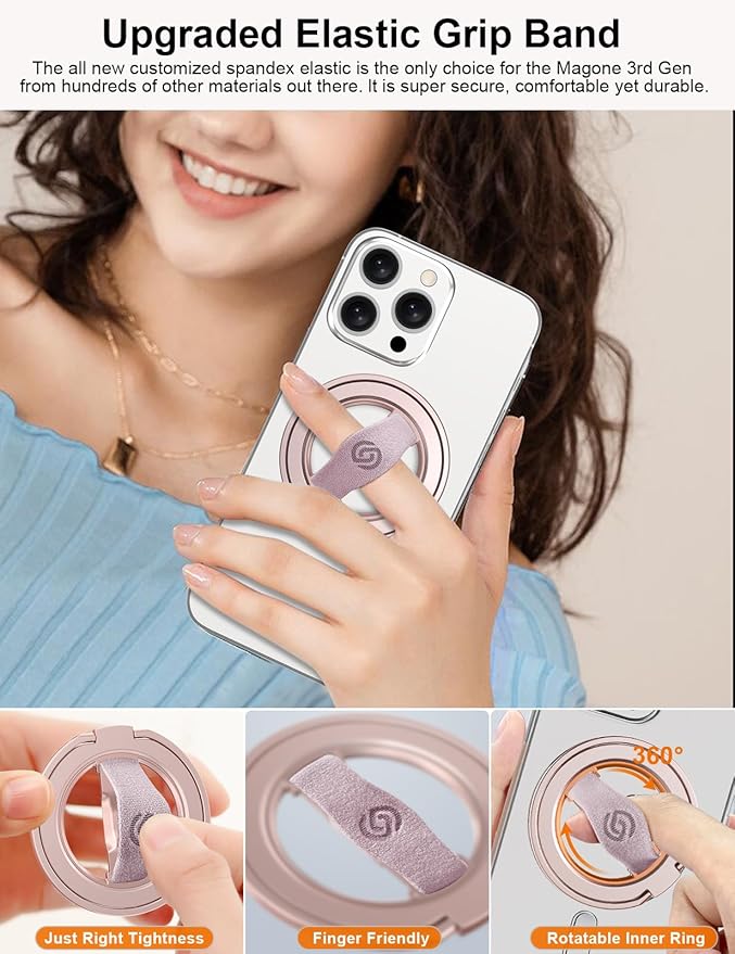 EWA MagOne 3rd Gen [Compatible with MagSafe] Phone Grip Stand with Finger Strap, Removable Magnetic Ring Holder Kickstand Loop for iPhone 16,15, 14, 13, 12 Series-(Pink)