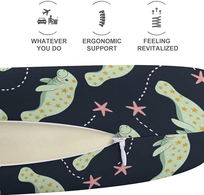 Women’s Travel Pillow U-Shaped Memory Foam Neck Rest, Manatee Animals U-Shape, Washable Airplane Car Support