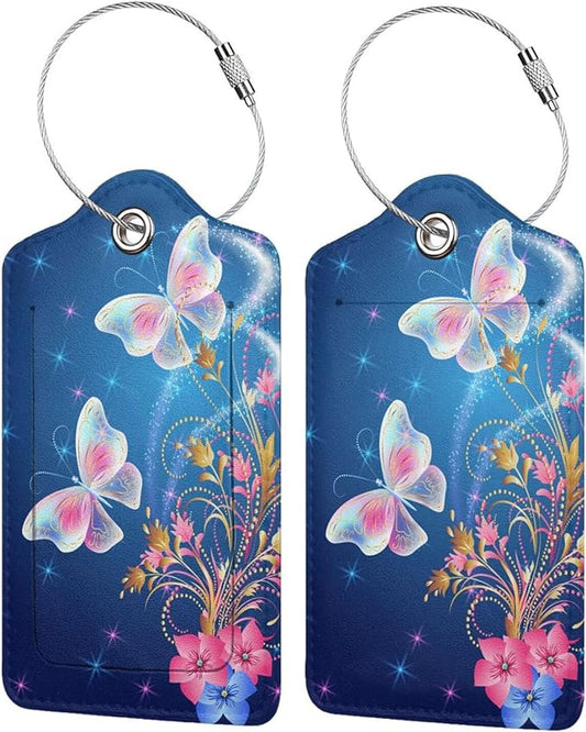 2 Pcs Beautiful Blue Luggage Tags with Two Butterflies for Women Girls Travel, Flower PU Leather Bag Tags for Suitcases with Stainless Steel Loop & Privacy Name ID Card, Labels Identifiers