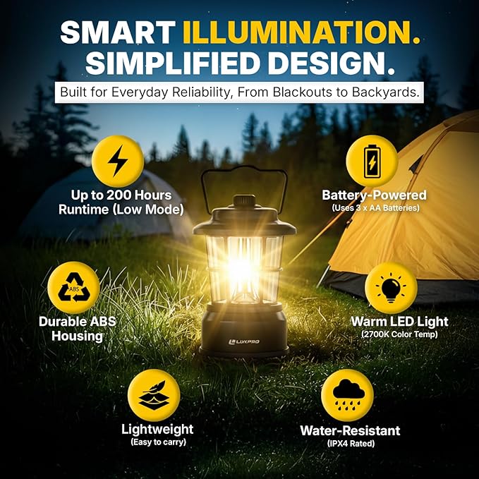 LUXPRO Retro LED Lantern - Battery-Powered Emergency Lantern - Water Resistant - Bright LED Lamp for Indoor & Outdoor Use - Use for Tents, Hiking or Hurricane Prep (Black, Pack of 1)
