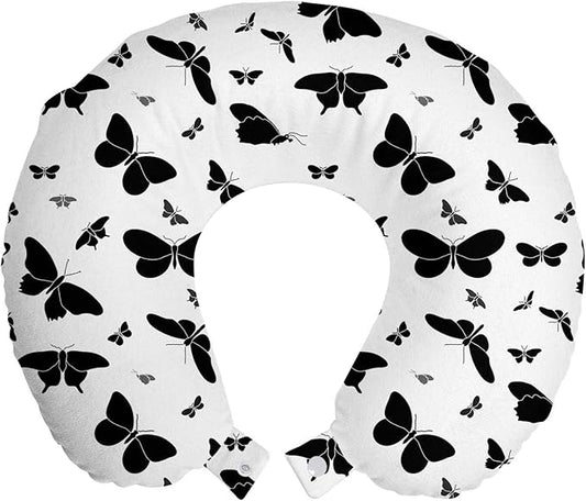 Ambesonne Butterfly Travel Pillow Neck Rest, Abstract Monochrome Bug Design Ornamental Illustration Moths and Butterflies, Memory Foam Traveling Accessory for Airplane and Car, 12", White