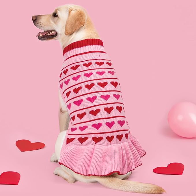 KYEESE Valentines Dog Sweater, Stretchy Dog Sweaters for Large Dogs, Soft Turtleneck Medium Large Dogs Sweater, Warm Pet Sweaters Dress with Heart Print, Comfy Pet Clothes Coat with Leash Hole, 2XL