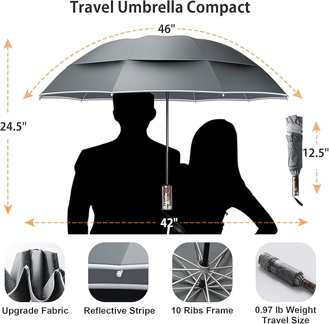 Urvoix Compact Golf Umbrellas Windproof, Travel Umbrella for Rain, 10 Ribs Aluminum Alloy & Fiberglass w/Reflective Stripe, Double Canopy Automatic Anti-bounce Close