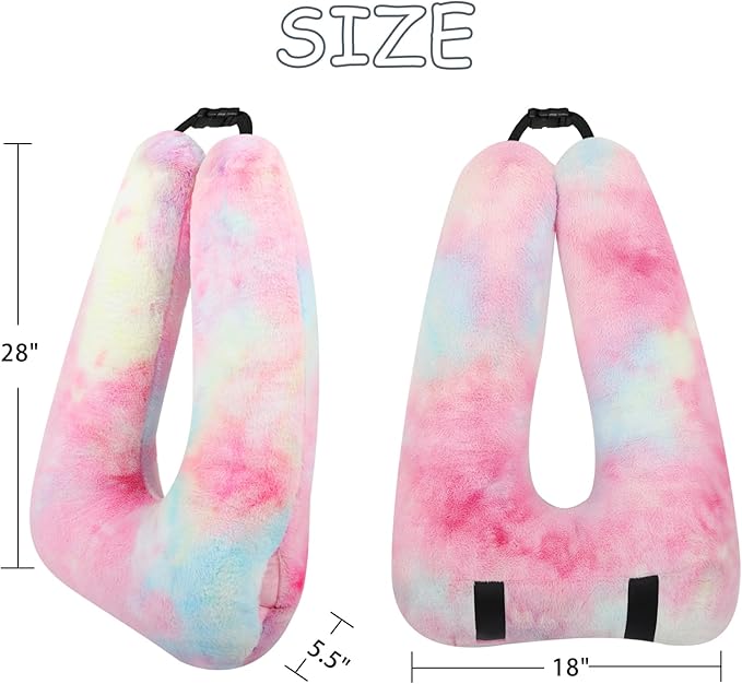 Kids Travel Pillow for Car Seat with Hand Muff, Cartoon Neck & Headrest Seat Belt Pillow for Car Road Trips Long-Distance Travel Sleeping Pillow for Adults and Children, Tie-dye - Rainbow Pink