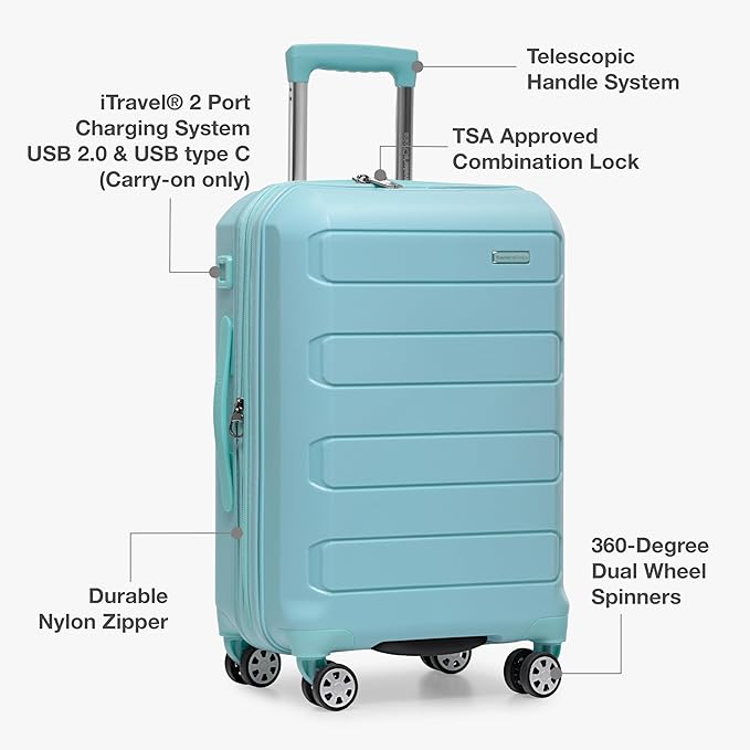 Traveler's Choice Pagosa Indestructible Hardshell Expandable Spinner Luggage, Baby Blue, 26-Inch Medium