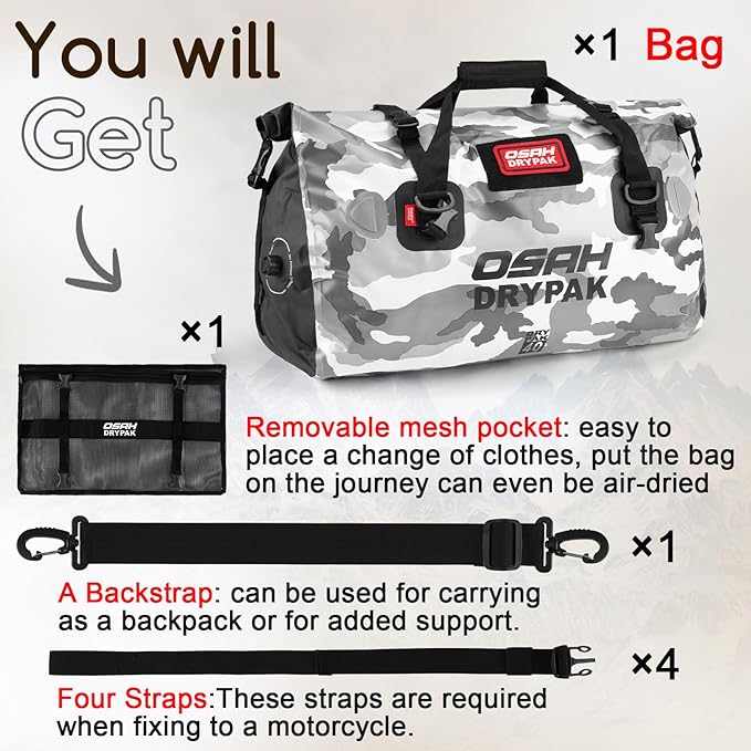 Waterproof Duffel Bag - Motorcycle Dry Bag Tail Bag with Large Storage Space, Waterproof Luggage Duffle Bags with Outer Mesh Zipper Pocket for Camping, Kayaking, Fishing & Traveling
