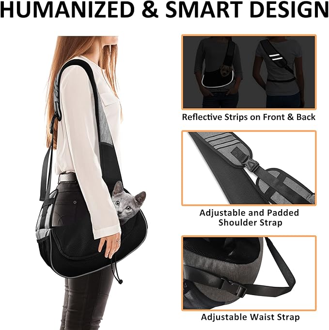 Gloppie Dog Sling Carrier for Small Dogs - Hands Free Pet Carrier, Breathable Mesh Puppy Carrier Bag for Cats and Dogs Up to 10 lbs, Travel & Vet Visits, Grey, Medium