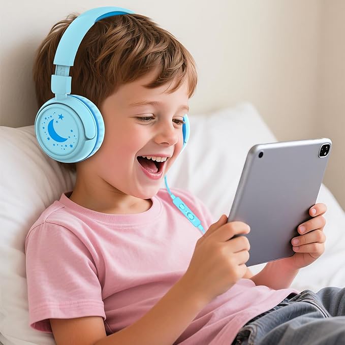 K6 Kids Headphones, 85/94dB Volume Limit Wired Headphones for Kids,3.5mm Jack Foldable Stereo Sound Toddler Headset with Mic, On-Ear Headphone for Smartphones/iPad/Tablet/Plane/Travel (Cyan)