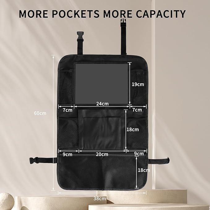 Backseat Car Organizer with Touch Screen Tablet Holder, Storage Pockets, Foldable Food Tray, Kick Mats Back Seat Protector, Travel Accessories for Kids and Adults (Rear Seat Organizer-2pc)