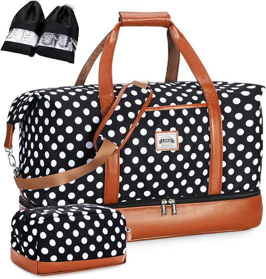 Travel Duffle Bag, Weekender Bags for Women Carry On Travel Bag Overnight Bag with Shoe Compartment Toiletry Bag, Large Weekend Tote Bag Gym Bag Hospital Bag for Labor and Delivery 50L, Dots