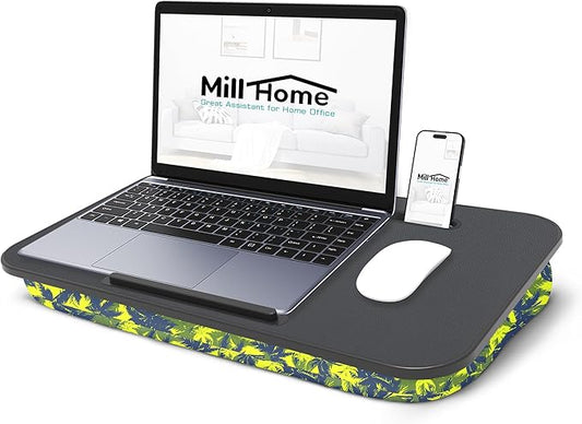 Millhome Lap Desk | Portable Laptop Desk – Fits Up to 17.3" Laptops – Detachable & Washable Cushion, Phone Holder, Device Ledge – for Writing, Working, Reading on Bed, Couch, Sofa, Floor – Green Palm