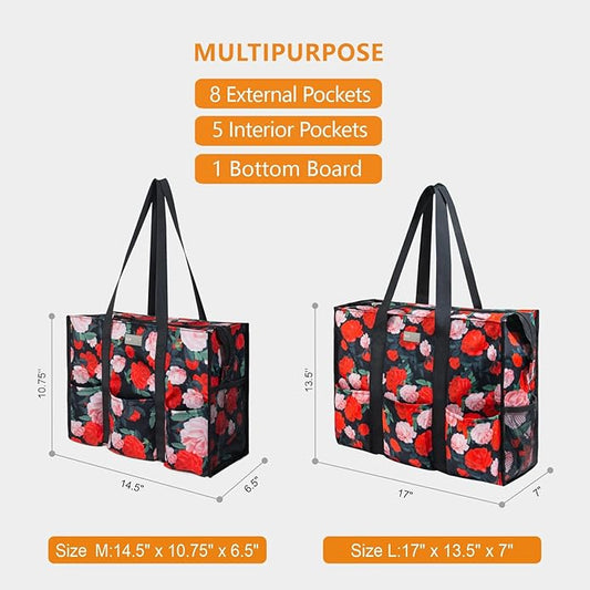 TOPDesign Utility Water Resistant Tote Bag with 13 Pockets, Top Zipper Closure & Thick Bottom Support, for Working Women