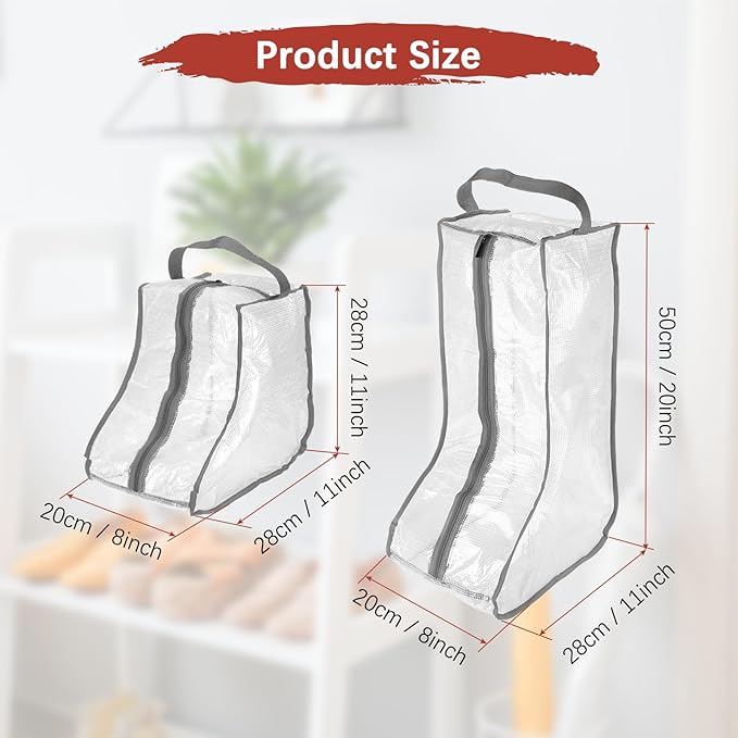 Boot Storage Bags [4PCS] - Plastic Tall Short Boot Carry Bags Clear Shoe Bags with Handle for Travel & Daily Use - [Gray] Waterproof & DustProof Boot Bags for Cowboy Boots