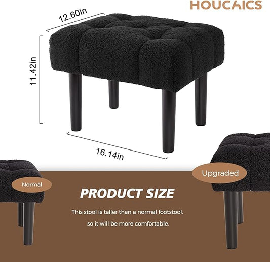 HOUCHICS Fur Padded Foot Stool, Small Ottoman Foot Rest with Wooden Legs,Modern Rectangle Chair Foot Rest Foot Step Stool for Living Room, Couch, Desk(Black)