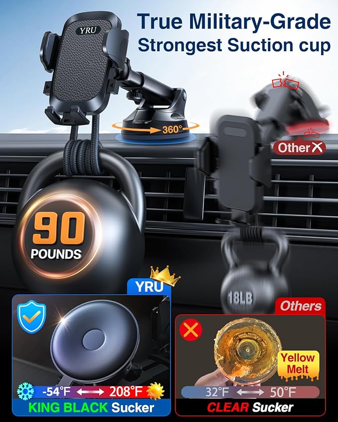 YRU True Military-Grade [360° Rotation Suction] 2025 Ultimate Car Phone Holder Mount 【90+LBS Safest Strongest & Patent Certs】 Dashboard Windshield Vent for iPhone 17 16 Pro Max Samsung, Matt Black