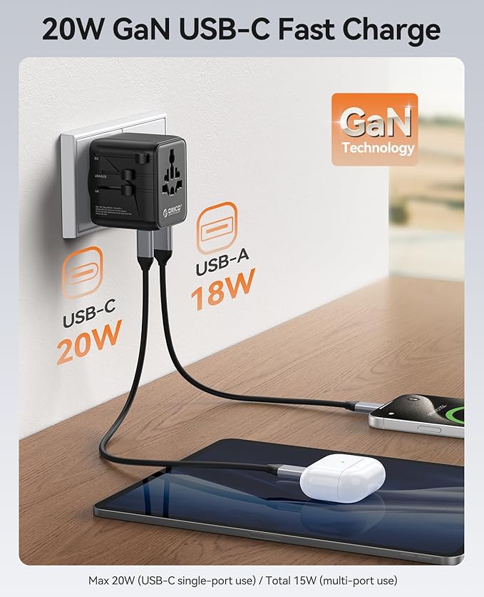 ORICO Universal Travel Adapter with 2 AC 2 USB-C and 1 USB-A Socket, PD 20W International Power Adapter, Worldwide Travel Essentials Wall Charger for USA EU UK AUS JP and Over 200 Countries