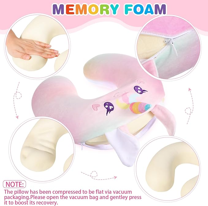4 Pcs Unicorn Travel Pillow and Blanket Set for Kids Airplane Blanket Memory Foam Neck Pillow Eye Mask Pink Storage Bag Kids Travel Gifts for Girl Airplane Car Trip Sleeping Home Use